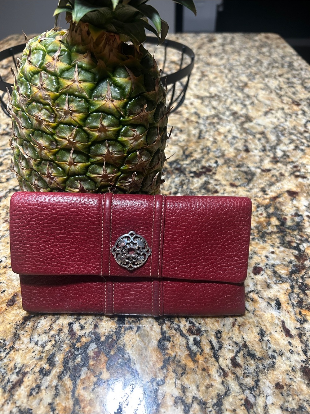 BRIGHTON♥️Red LEATHER tri-fold WALLET with silvertone filigree hardware.